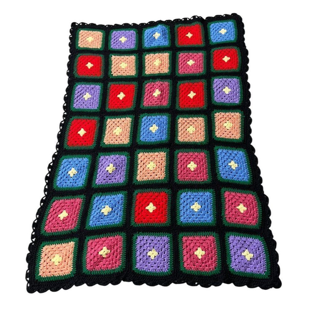 Handmade Crochet Granny Square Afghan Throw Blanket Dark Colors Black Purple Red